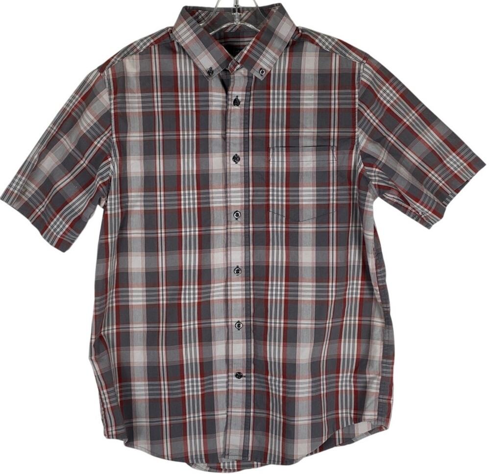 George Plaid Button Up Shirt Mens M Gray Red Short Sleeve Classic Preppy Stretch